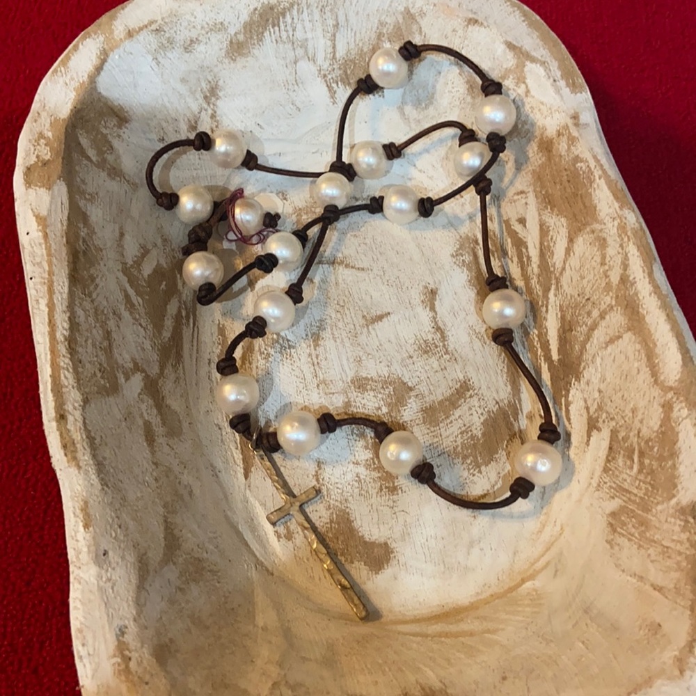 Leather cord string of pearls with sterling cross